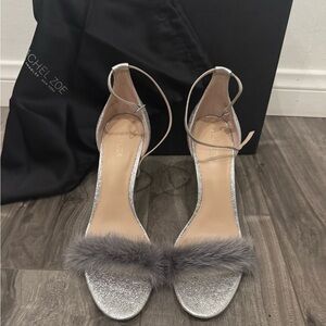 Rachel Zoe Silver Strappy Heels with Fur Detail